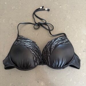 PINK Swim Victoria Secret Black Faux 
Leather  Bikini Top Lace Push Up Med Sexy
